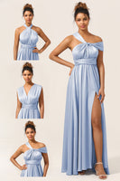 Load image into Gallery viewer, Blue Satin Convertible Bridesmaid Dress with Slit