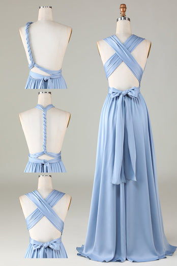 Convertible Blue Satin Bridesmaid Dress with Slit