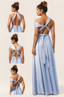 Load image into Gallery viewer, Blue Satin Convertible Bridesmaid Dress with Slit