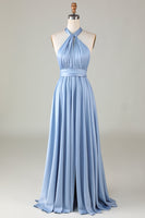 Load image into Gallery viewer, Convertible Blue Satin Bridesmaid Dress with Slit