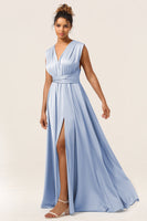 Load image into Gallery viewer, Blue Satin Convertible Bridesmaid Dress with Slit