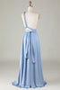 Load image into Gallery viewer, Convertible Blue Satin Bridesmaid Dress with Slit