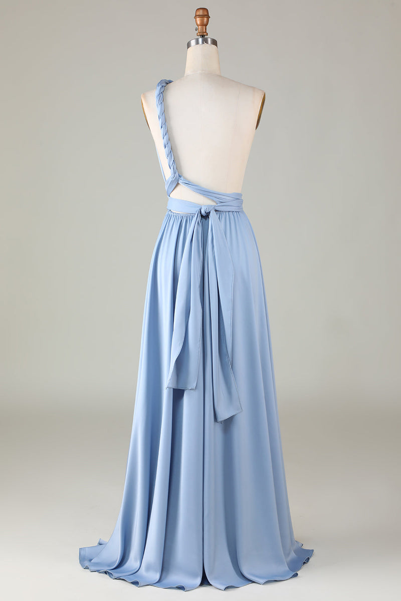 Load image into Gallery viewer, Convertible Blue Satin Bridesmaid Dress with Slit