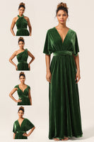 Load image into Gallery viewer, Elegant A Line V Neck Dark Green Covertible Wear Velvet Long Bridesmaid Dress