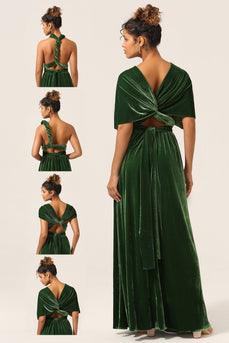 Elegant A Line V Neck Dark Green Covertible Wear Velvet Long Bridesmaid Dress