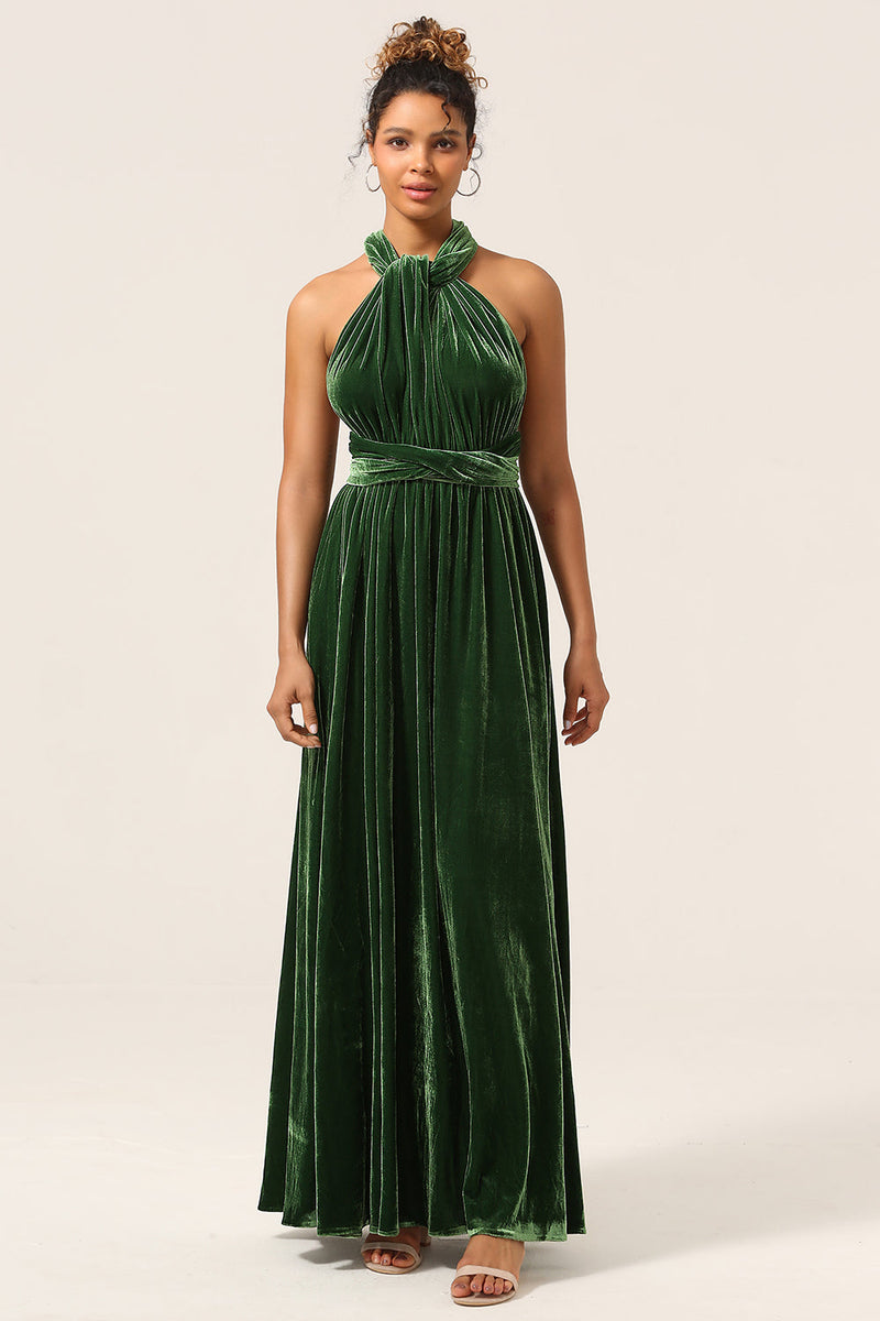 Load image into Gallery viewer, Elegant A Line V Neck Dark Green Covertible Wear Velvet Long Bridesmaid Dress