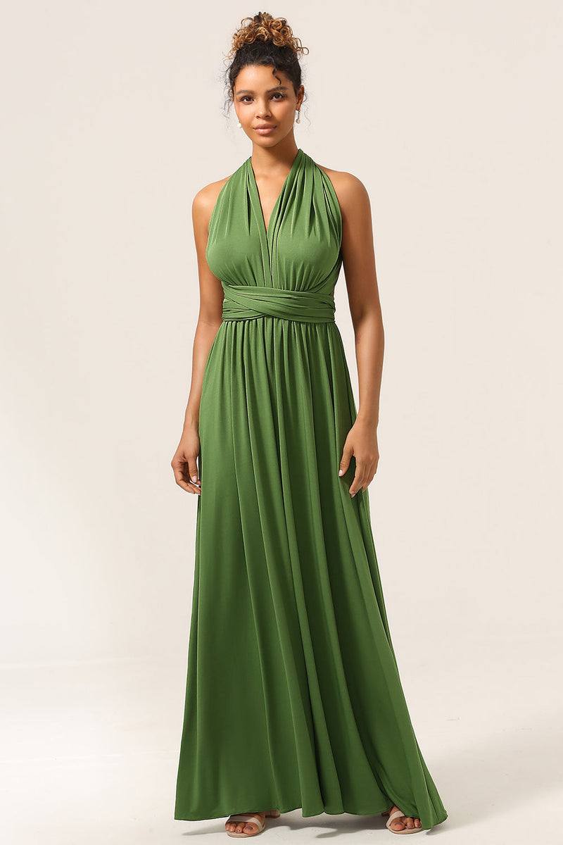 Load image into Gallery viewer, Charming A Line Olive Green Spandex Convertible Wear Long Bridesmaid Dress