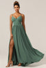 Load image into Gallery viewer, Eucalyptus Spaghetti Straps A Line Bridesmaid Dress with Slit