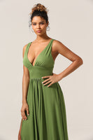 Load image into Gallery viewer, Elegant A Line Olive Deep V-neck Sleeveless Long Bridesmaid Dress