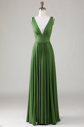 Deep V-neck Sleeveless Long Olive Bridesmaid Dress