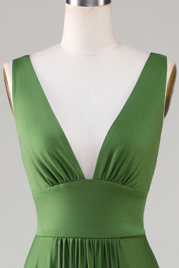 Deep V-neck Sleeveless Long Olive Bridesmaid Dress