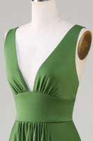 Load image into Gallery viewer, Deep V-neck Sleeveless Long Olive Bridesmaid Dress