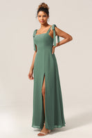 Load image into Gallery viewer, A Line Spaghetti Straps Eucalyptus Tie Straps Bridesmaid Dress With Slit