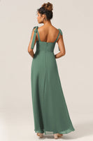 Load image into Gallery viewer, A Line Spaghetti Straps Eucalyptus Tie Straps Bridesmaid Dress With Slit