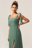 Load image into Gallery viewer, A Line Spaghetti Straps Eucalyptus Tie Straps Bridesmaid Dress With Slit