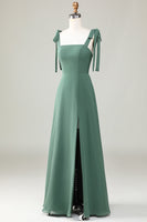 Load image into Gallery viewer, Eucalyptus Tie Straps A Line Bridesmaid Dress With Slit