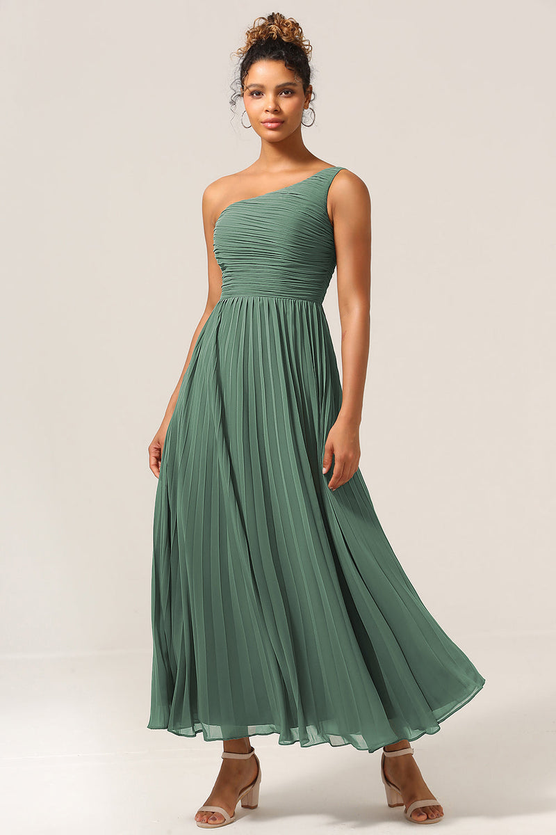 Load image into Gallery viewer, A Line One Shoulder Eucalyptus Long Bridesmaid Dress with Ruched