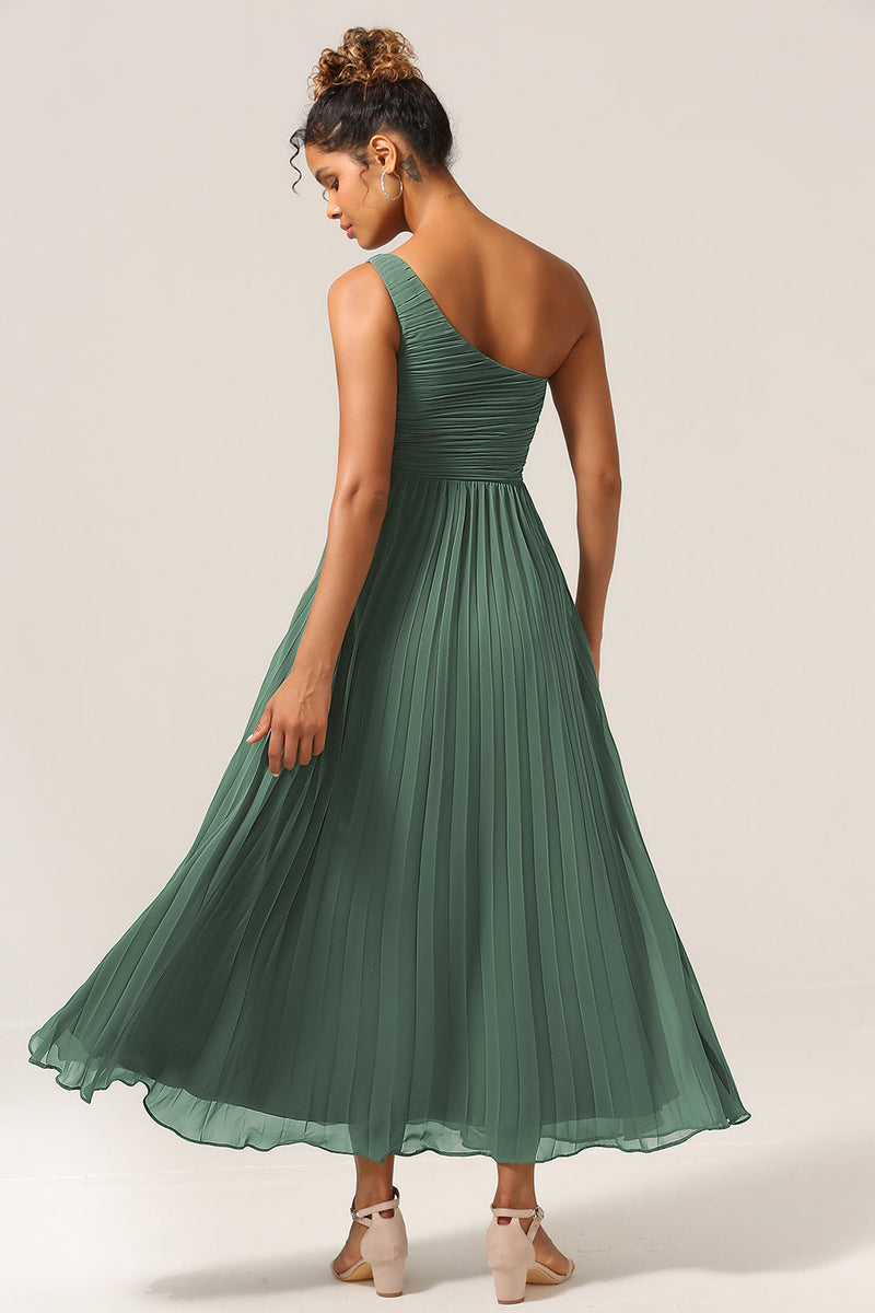 Load image into Gallery viewer, A Line One Shoulder Eucalyptus Long Bridesmaid Dress with Ruched