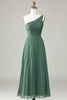 Load image into Gallery viewer, One Shoulder A Line Ruched Tea-Length Eucalyptus Bridesmaid Dress