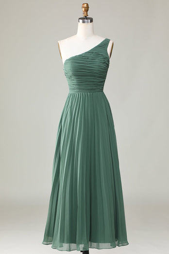 One Shoulder A Line Ruched Tea-Length Eucalyptus Bridesmaid Dress
