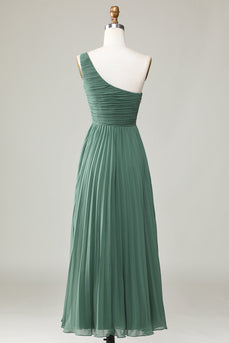 One Shoulder A Line Ruched Tea-Length Eucalyptus Bridesmaid Dress