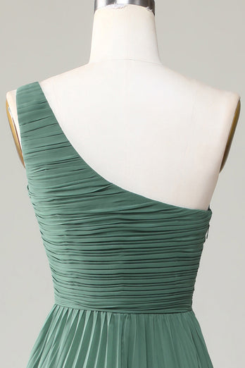One Shoulder A Line Ruched Tea-Length Eucalyptus Bridesmaid Dress