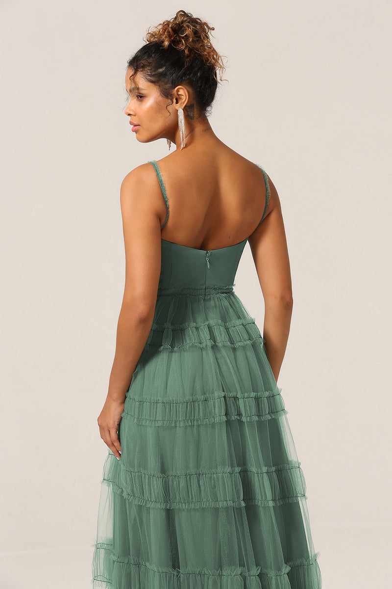 Load image into Gallery viewer, Gorgeous A Line Spaghetti Straps Eucalyptus Tulle Long Bridesmaid Dress