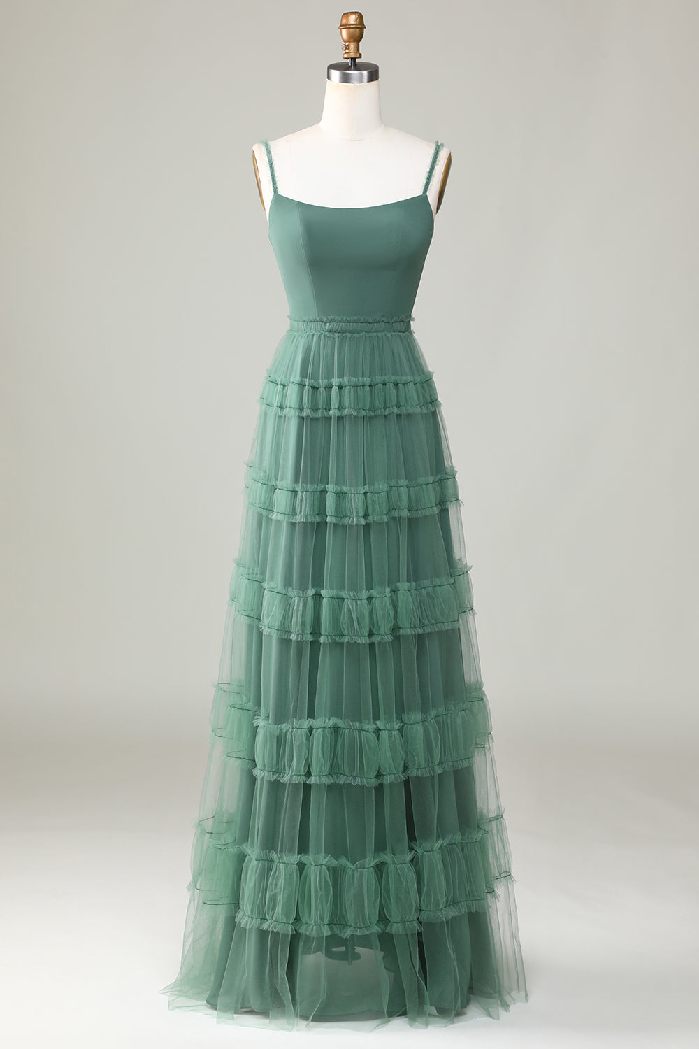 A Line Spaghetti Straps Tulle Eucalyptus Bridesmaid Dress