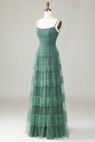 Load image into Gallery viewer, A Line Spaghetti Straps Tulle Eucalyptus Bridesmaid Dress