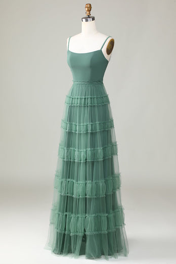 A Line Spaghetti Straps Tulle Eucalyptus Bridesmaid Dress