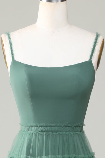 A Line Spaghetti Straps Tulle Eucalyptus Bridesmaid Dress