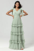 Load image into Gallery viewer, A Line Chiffon Green Bridesmaid Dress with Pleated