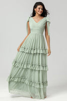 Load image into Gallery viewer, A Line Chiffon Green Bridesmaid Dress with Pleated