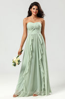 Load image into Gallery viewer, Strapless A Line Chiffon Green Bridesmaid Dress with Pleated