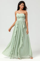 Load image into Gallery viewer, Strapless A Line Chiffon Green Bridesmaid Dress with Pleated