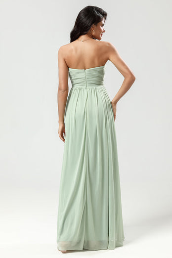 Strapless A Line Chiffon Green Bridesmaid Dress with Pleated