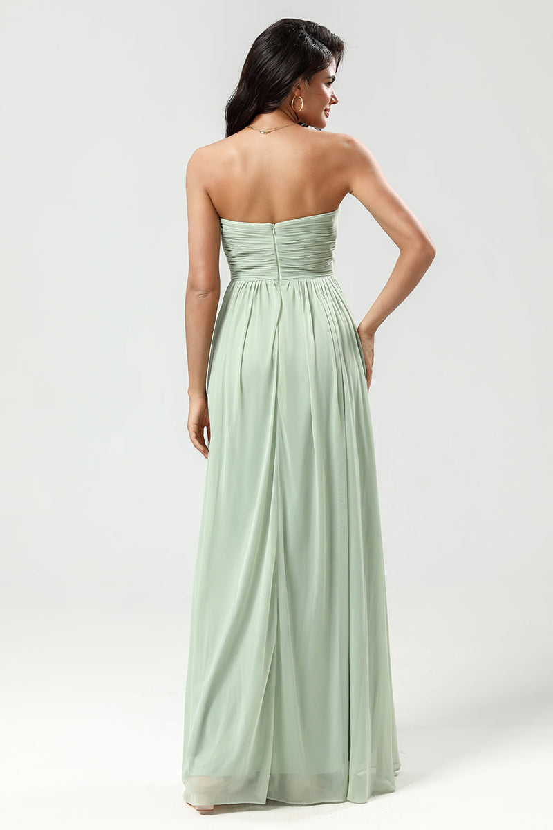 Load image into Gallery viewer, Strapless A Line Chiffon Green Bridesmaid Dress with Pleated