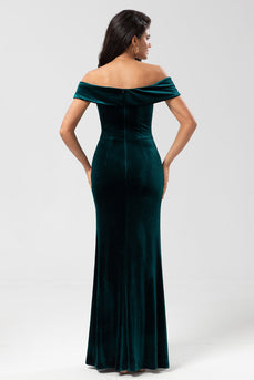 Mermaid Off the Shoulder Peacock Green Velvet Bridesmaid Dress