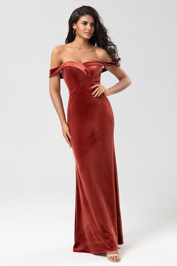 Mermaid Off the Shoulder Terracotta Velvet Bridesmaid Dress