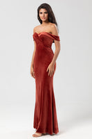Load image into Gallery viewer, Mermaid Off the Shoulder Terracotta Velvet Bridesmaid Dress