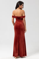 Load image into Gallery viewer, Mermaid Off the Shoulder Terracotta Velvet Bridesmaid Dress