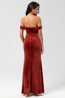 Mermaid Off the Shoulder Terracotta Velvet Bridesmaid Dress