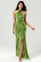 Load image into Gallery viewer, Mermaid Halter Neck Olive Velvet Long Bridesmaid Dress