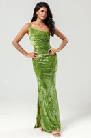 Load image into Gallery viewer, Mermaid One Shoulder Olive Velvet Bridesmaid Dress