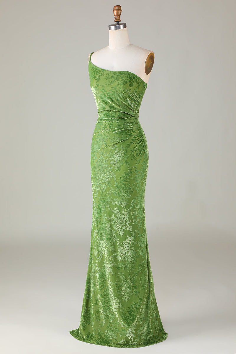Load image into Gallery viewer, Velvet Mermaid One Shoulder Olive Bridesmaid Dress