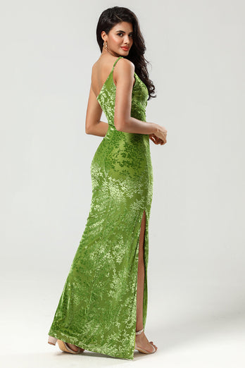 Mermaid One Shoulder Olive Velvet Bridesmaid Dress