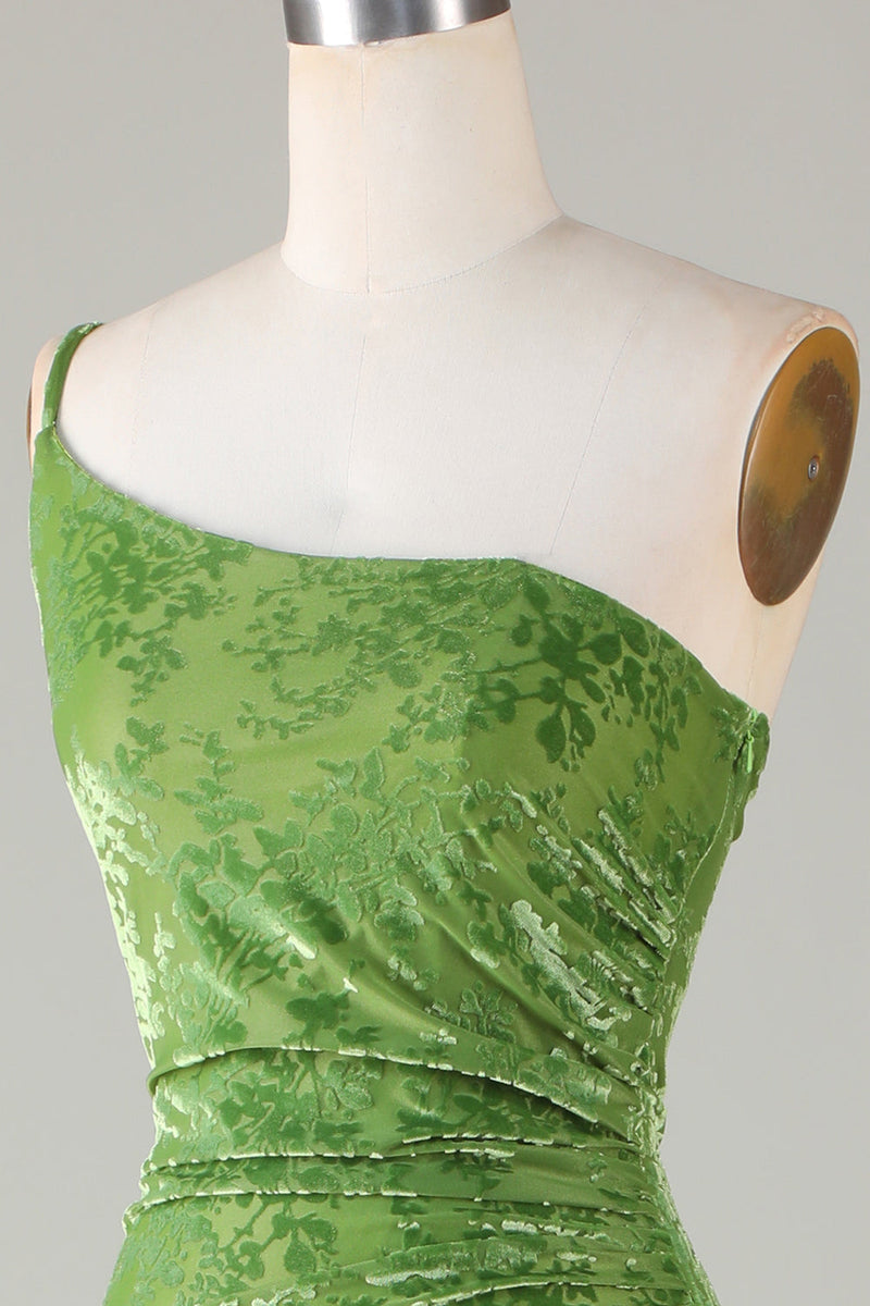 Load image into Gallery viewer, Velvet Mermaid One Shoulder Olive Bridesmaid Dress