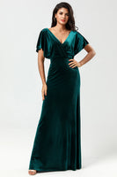 Load image into Gallery viewer, A Line V-Neck Peacock Velvet Bridesmaid Dress with Ruffles