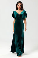 Load image into Gallery viewer, A Line V-Neck Peacock Velvet Bridesmaid Dress with Ruffles