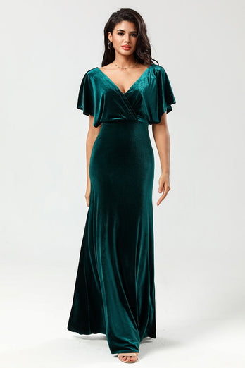 A Line V-Neck Peacock Velvet Bridesmaid Dress with Ruffles